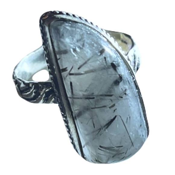 Artisan Jewelry - New Artisan Grey Tourmalinated Quartz Stone 925 Sterling Silver Flower Ring